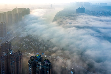 航拍-城市风光-晨雾-城市-城市风光 图片素材