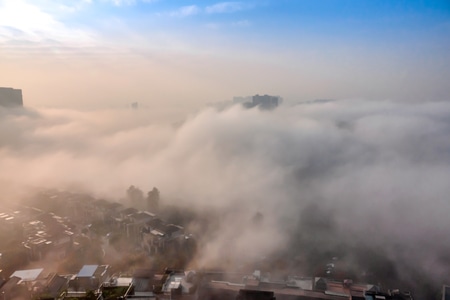 航拍-城市风光-晨雾-城市-城市风光 图片素材