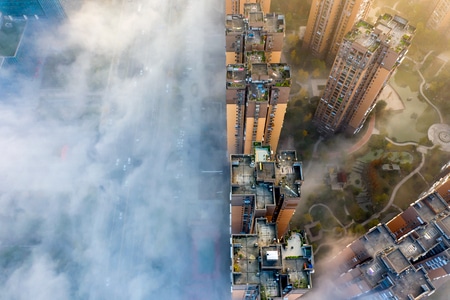 航拍-城市风光-晨雾-建筑-房屋 图片素材