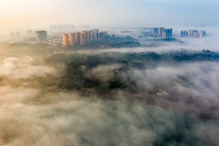 航拍-城市风光-晨雾-城市-城市风光 图片素材
