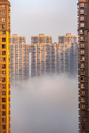 航拍-城市风光-晨雾-建筑-房屋 图片素材