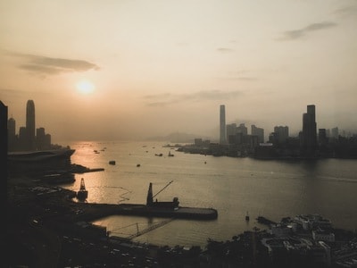 手机拍摄-风景-日落-维多利亚港-城市 图片素材