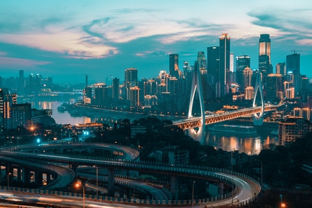 夜景-傍晚-城市-车轨-晚霞 图片素材