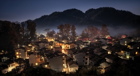 村落-炊烟-夜景-风光-旅行 图片素材