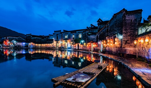 旅拍-风光-夜景-竹筏-村庄 图片素材