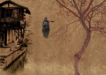 江南水乡-渔船-创意摄影-树-树木 图片素材
