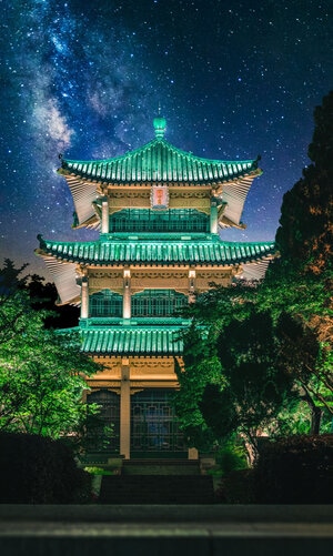武汉市-楼阁-夜景-星星-星空 图片素材