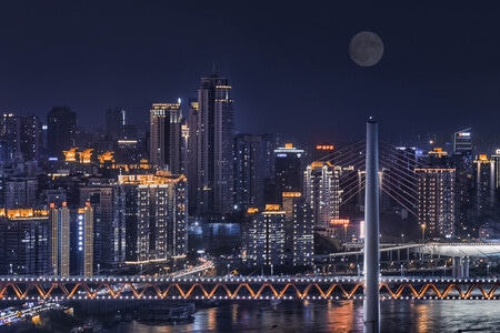 大桥-夜晚-城市建筑-月亮-桥梁 图片素材