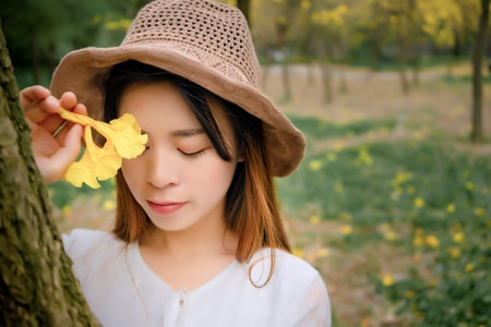 黄花风铃木-环境人像-人像-黄色花-美女 图片素材