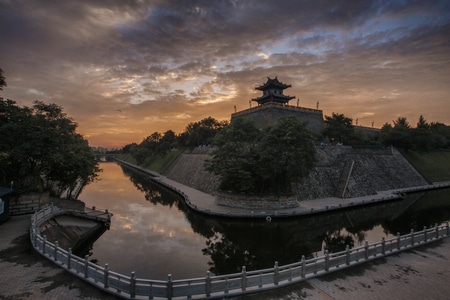 西安古城墙-晚霞-西安古城墙-城墙-河流 图片素材