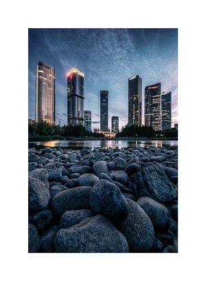 城市风光-建筑-石头-湖-蓝调时刻 图片素材