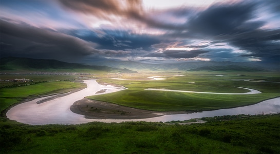川西红原-月亮湾-日落-风景-风光 图片素材