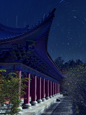 传统建筑-星空-古建筑-房屋-星轨 图片素材