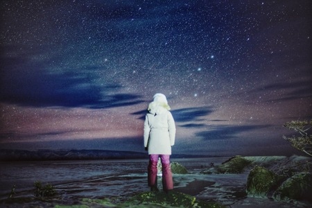 星空-旅行-冬天-冰雪-美女 图片素材