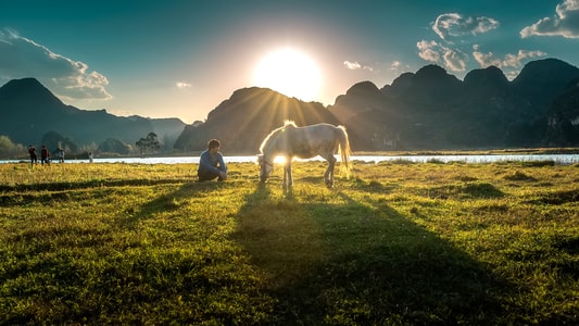 人像-旅行-马-日落-山 图片素材