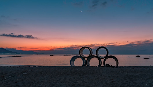 大海-海滩-日出-奥运五环-天空 图片素材