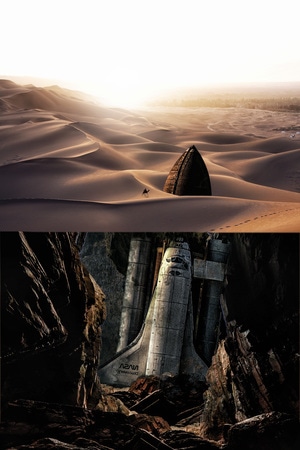 合成-沙漠-火箭-沙漠-沙丘 图片素材