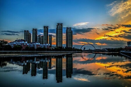 日落-城市建筑-风光-都市-汤河 图片素材