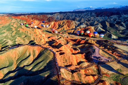 张掖-自然-彩虹山-地貌-热气球 图片素材