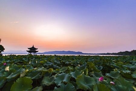 西湖风光-夕阳和晚霞-杭州西湖-风景-西湖 图片素材