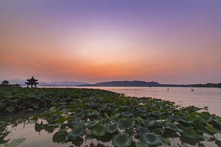 西湖风光-夕阳和晚霞-杭州西湖-风景-西湖 图片素材