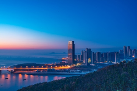 蓝-城市风光-日出-海岸线-桥 图片素材