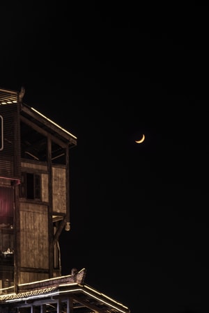 风光摄影-夜-古建筑-房屋-残月 图片素材