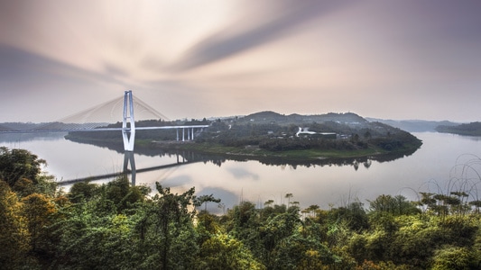 桥-邬霓-河流-夕阳-四川 图片素材