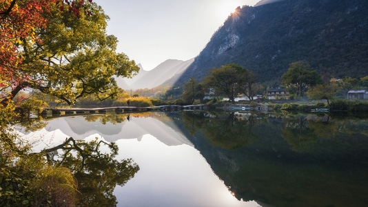 夕陽-風光-水面-桂林-村庄 图片素材