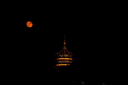 杭州-看你的城市-西湖-雷峰塔-月亮 图片素材