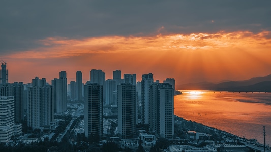 建筑-建筑外观-落日-杭州-钱塘江 图片素材
