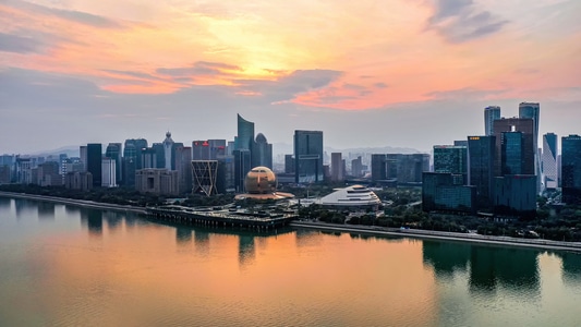 钱塘江-日落黄金时刻-来福士大厦-市民中心-杭州国家大剧院 图片素材