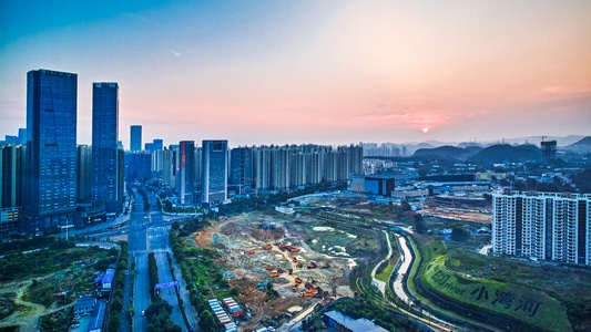 旅行-色彩-俯拍-朝阳-城市风光 图片素材