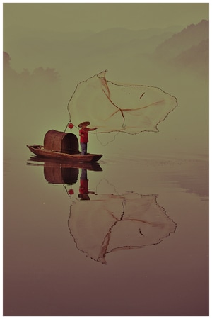 风光-黎明-晨光-渔民-渔网 图片素材