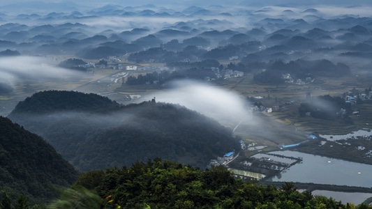 自然-风光-梯田-晨雾-山村 图片素材