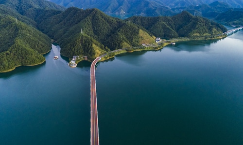 上帝视角-湖-桥-千岛湖-航拍 图片素材
