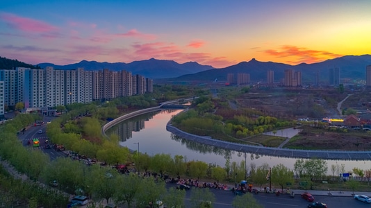 人间百味-黄昏-河流-晚霞-小市 图片素材