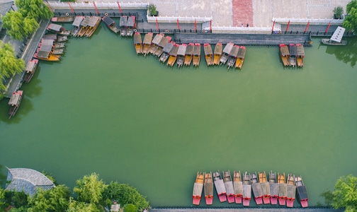 城市色彩-枣庄市-湖-船-航拍 图片素材