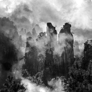 黑白-水墨-迷雾-城堡-山 图片素材