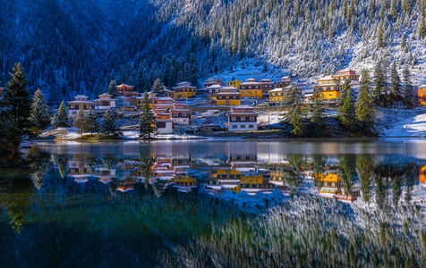 水-山-建筑-措卡湖-自然 图片素材