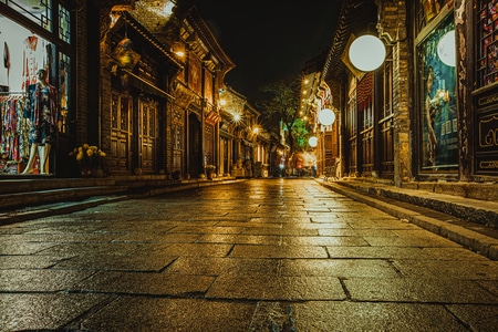 石板路-古镇-静谧-夜景-灯光 图片素材