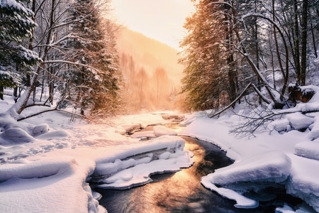 冬季-暖阳-雪-风景-溪流 图片素材