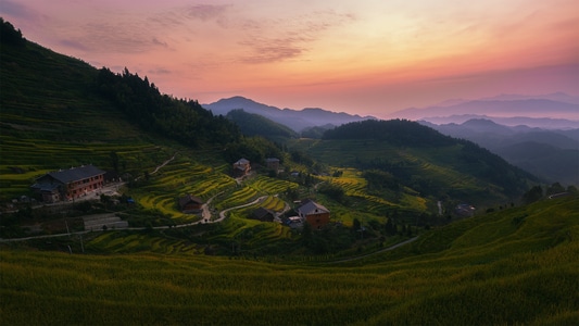 天空-乡村-稻谷-梯田-山 图片素材