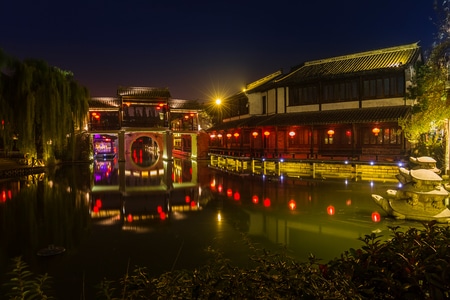 台儿庄古城-夜景-古城-枣庄-倒影 图片素材