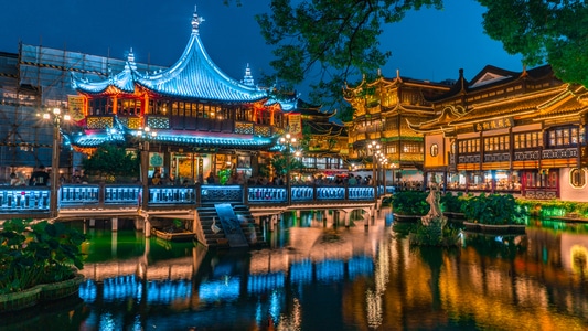 上海-上海城隍庙老街-城隍庙-古建筑-夜景 图片素材