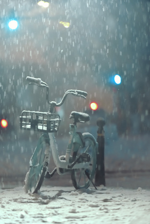 雪世界-雪夜单车-自行车-夜景-雪 图片素材
