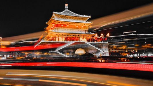 西安钟楼-车流-建筑-夜色-西安钟楼 图片素材