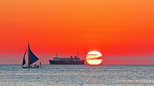 宅家-风光-海平线-夕阳-船 图片素材