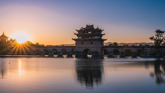 风光-古建-蓝-落日-黄昏 图片素材