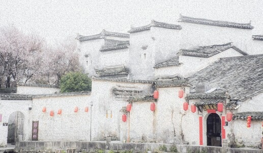 宏村-素描风-红灯笼-旅行-徽派建筑 图片素材